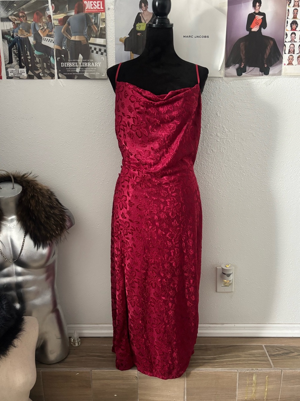 Adelyn Rae Satin Cowl Maxi Dress in Deep Red